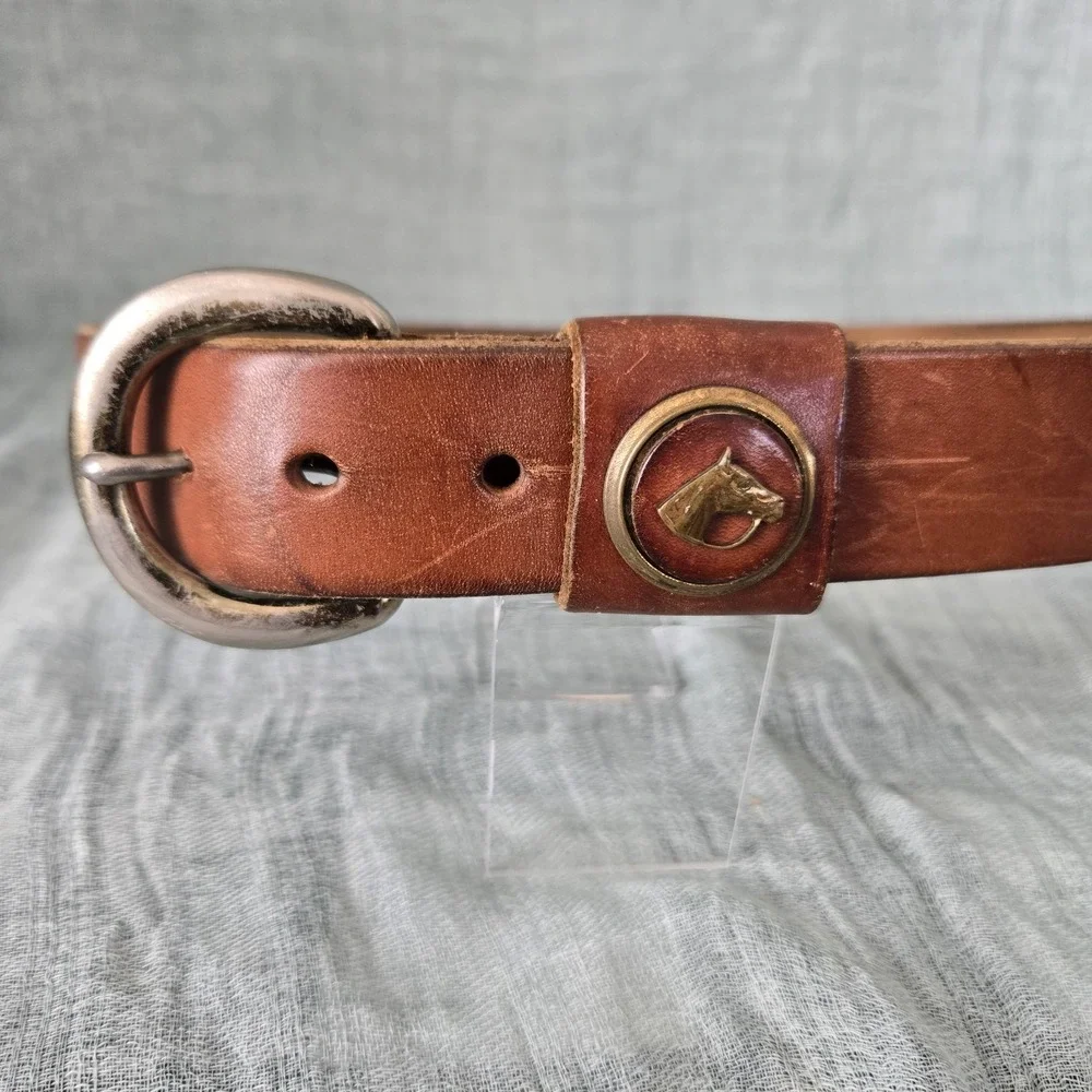 Child's Leather Belt Brass Plate Buckle  Horse Head Concho‎ Size 24